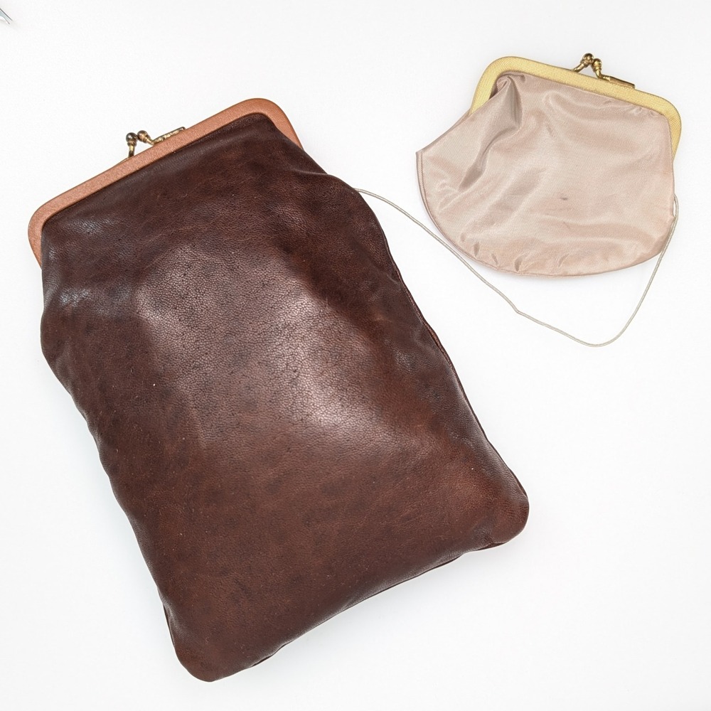 Vintage 60s Budd Leather‎ Kiss Lock Clutch Coin Purse Brown Tan Wallet Purse Set